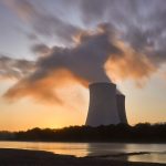 nuclear power plant, cooling tower, sunrise